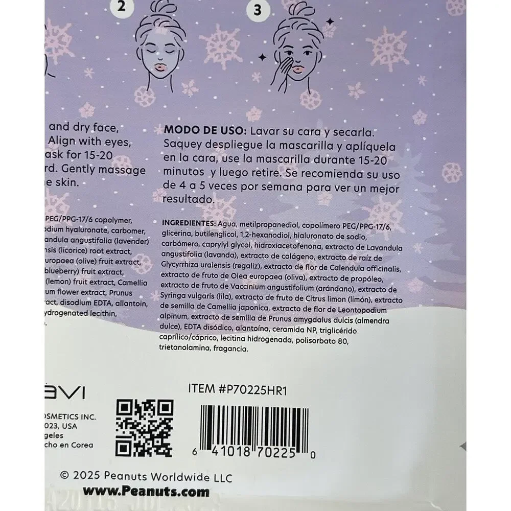 Celavi Peanuts Snoopy Nourishing Face Mask Lavender Collagen Hydrating Sheet
